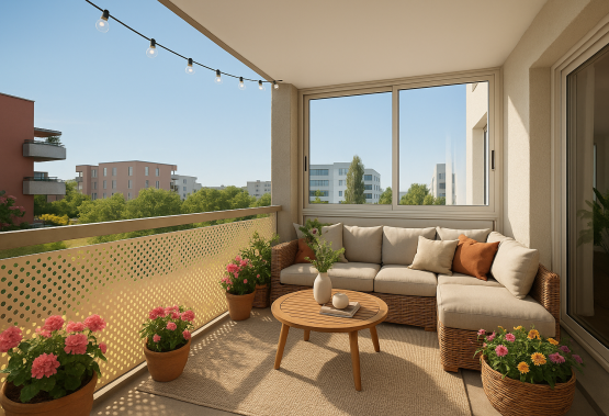 großer Südballkon mit Möbeln